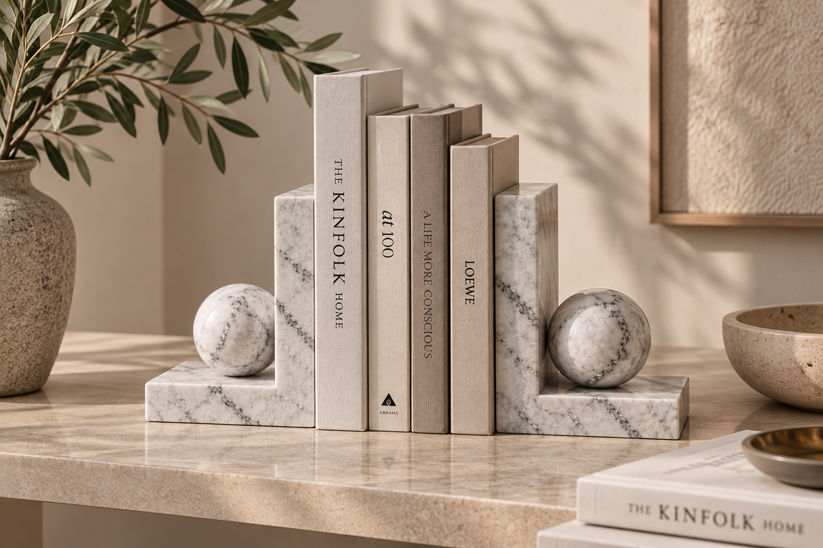 Marble Bookends: Sculptural Natural Stone for Your Bookshelf