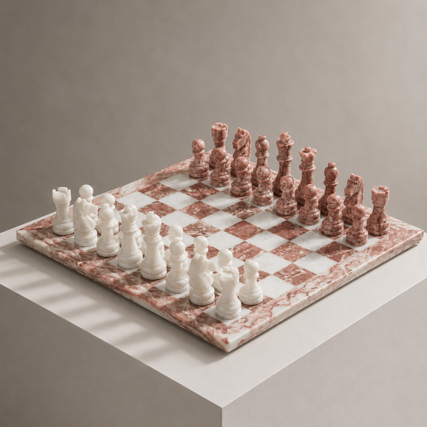 Pink and white marble chess set on display pedestal — Stone & Game