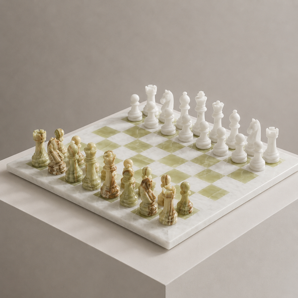 White and green onyx marble chess set on display pedestal — Stone & Game