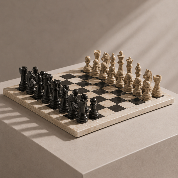 Coral and black marble chess set on display — Stone & Game