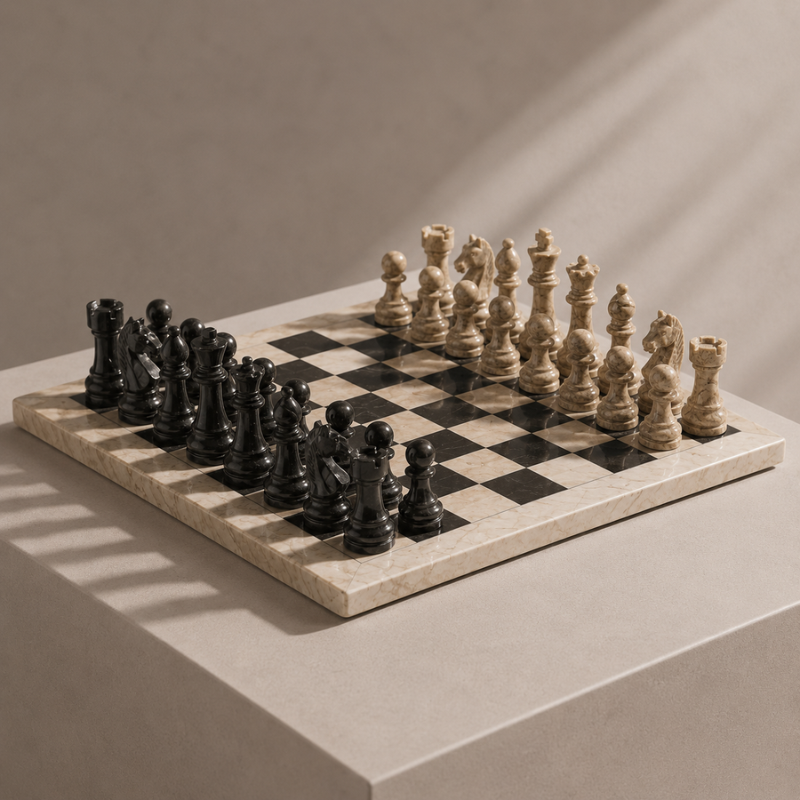 Coral and black marble chess set on display — Stone & Game