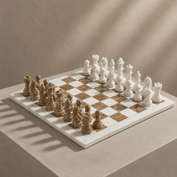 Brown and white marble chess set on display — Stone & Game