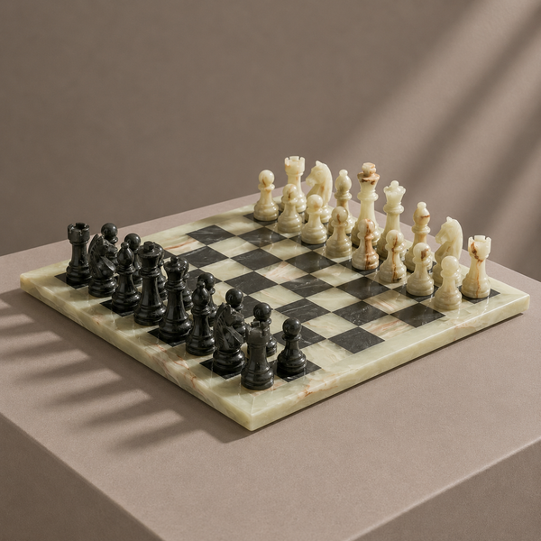 Green onyx and black marble chess set on display — Stone & Game