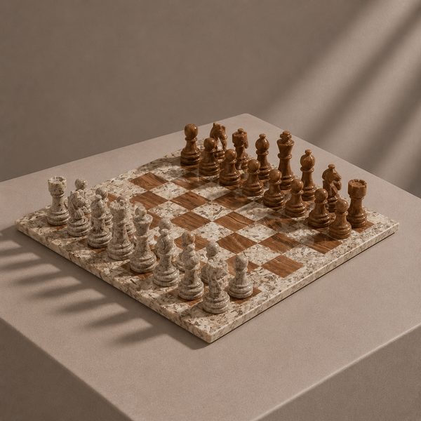 Brown and cream marble chess set on display — Stone & Game