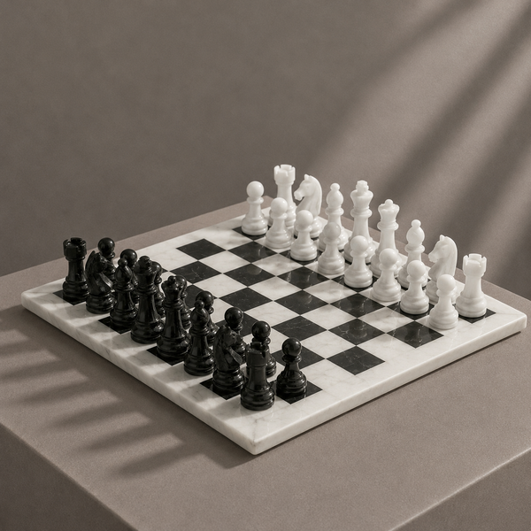 Black and white marble chess set on display — Stone & Game