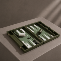 Green leather backgammon set open on display — Stone & Game