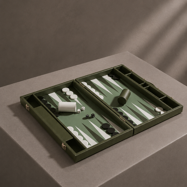 Green leather backgammon set open on display — Stone & Game