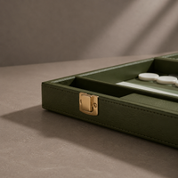 Green leather backgammon set open with carry handle — Stone & Game