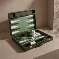 Green leather backgammon set open with carry handle — Stone & Game