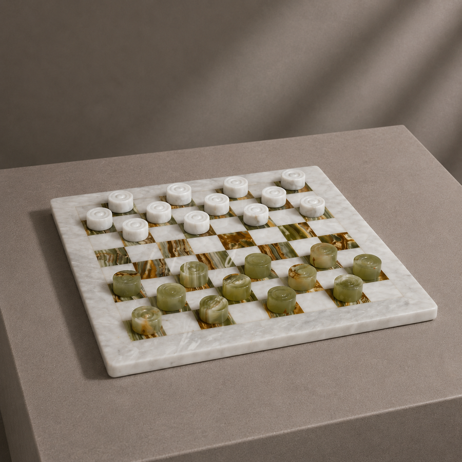 Green onyx and white marble checkers set on display — Stone & Game