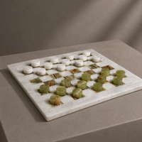 Green onyx and white marble checkers board with all pieces — Stone & Game