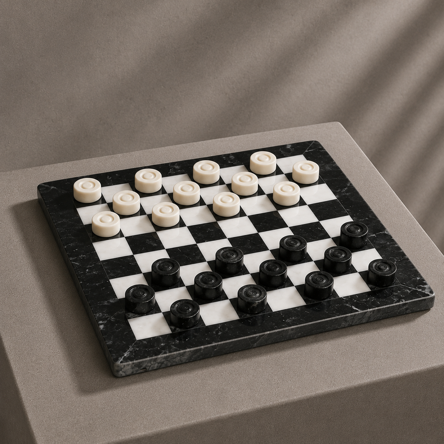 Black and white marble checkers set on display — Stone & Game