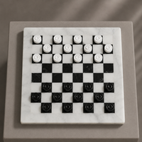 White marble checkers board top view with black and white pieces — Stone & Game