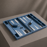 Blue leather backgammon set open on pedestal — Stone & Game