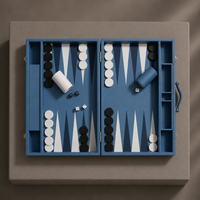 Blue leather backgammon board top view with pieces and dice — Stone & Game