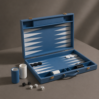 Blue leather backgammon set open on display — Stone & Game