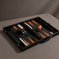 Black leather backgammon set open on pedestal — Stone & Game