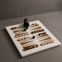 Brown and cream marble backgammon set side angle with dice — Stone & Game