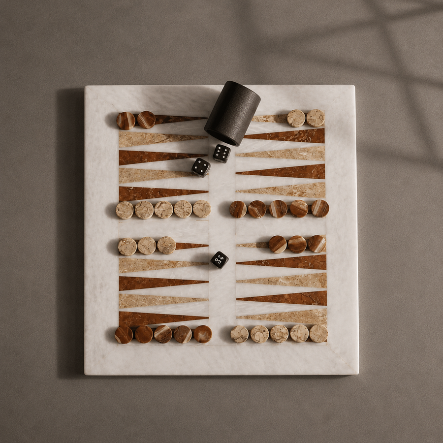 Brown and cream marble backgammon board top view — Stone & Game