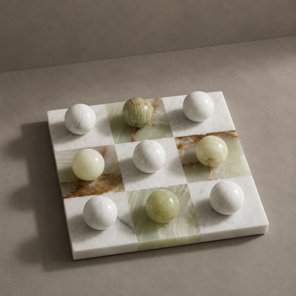 Green onyx and white marble tic tac toe set on display — Stone & Game