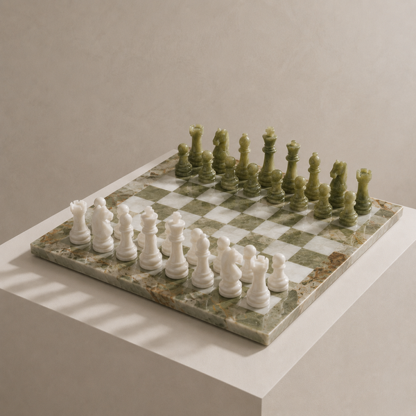 Green onyx and white marble chess set on display pedestal — Stone & Game