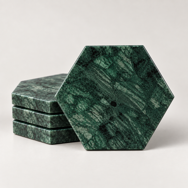 Set of four green marble hexagon coasters with natural veining – Stone & Gem