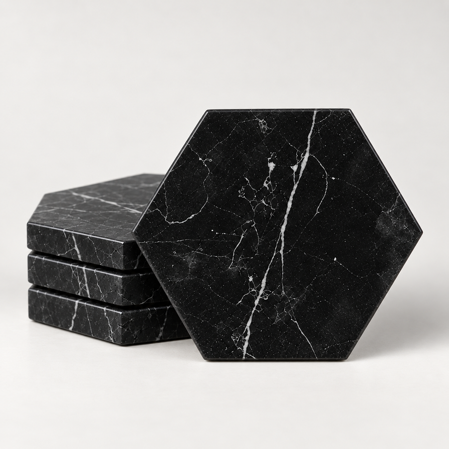 Set of four black marble hexagon coasters with white veining – Stone & Gem