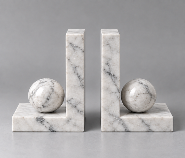 Pair of Carrara marble bookends with sculptural sphere detail – Stone & Gem