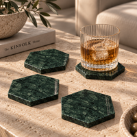 Green marble hexagon coaster close-up showing deep-green stone pattern