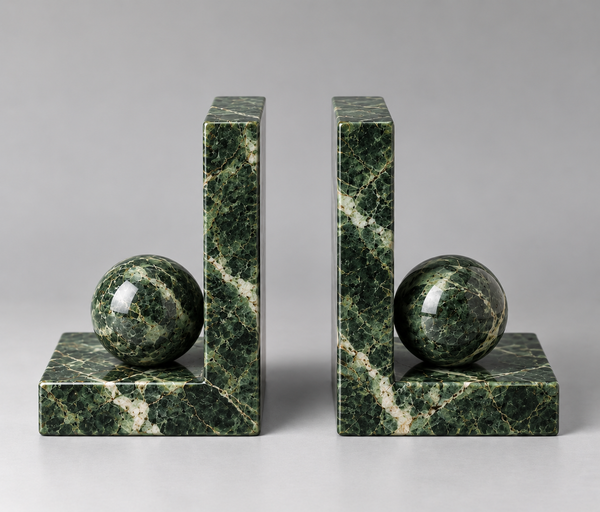 Pair of green marble bookends with sculptural sphere detail – Stone & Gem