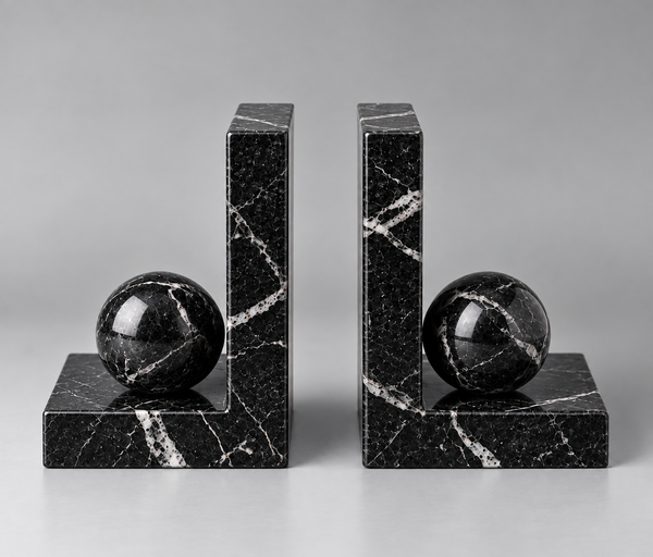 Pair of black marble bookends with sculptural sphere detail – Stone & Gem