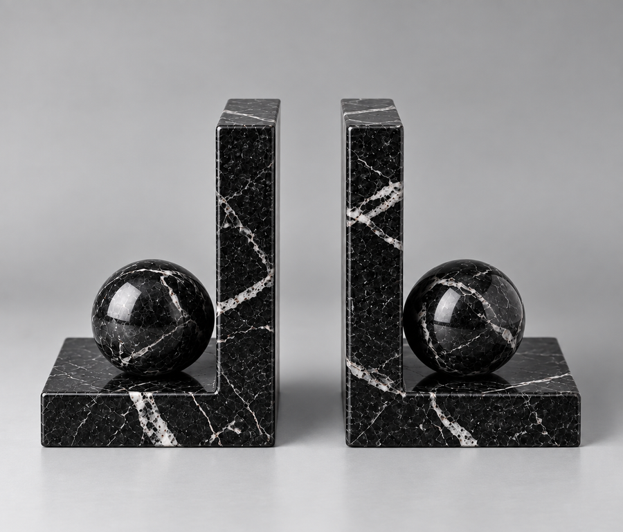 Pair of black marble bookends with sculptural sphere detail – Stone & Gem