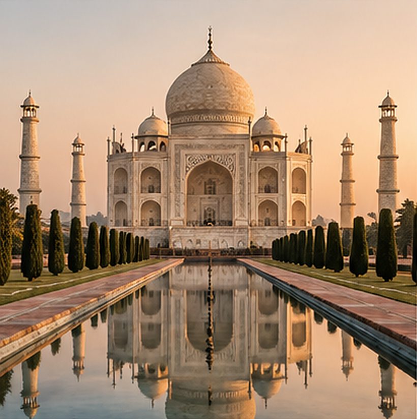 The Taj Mahal at sunset, a landmark of Indian marble craftsmanship