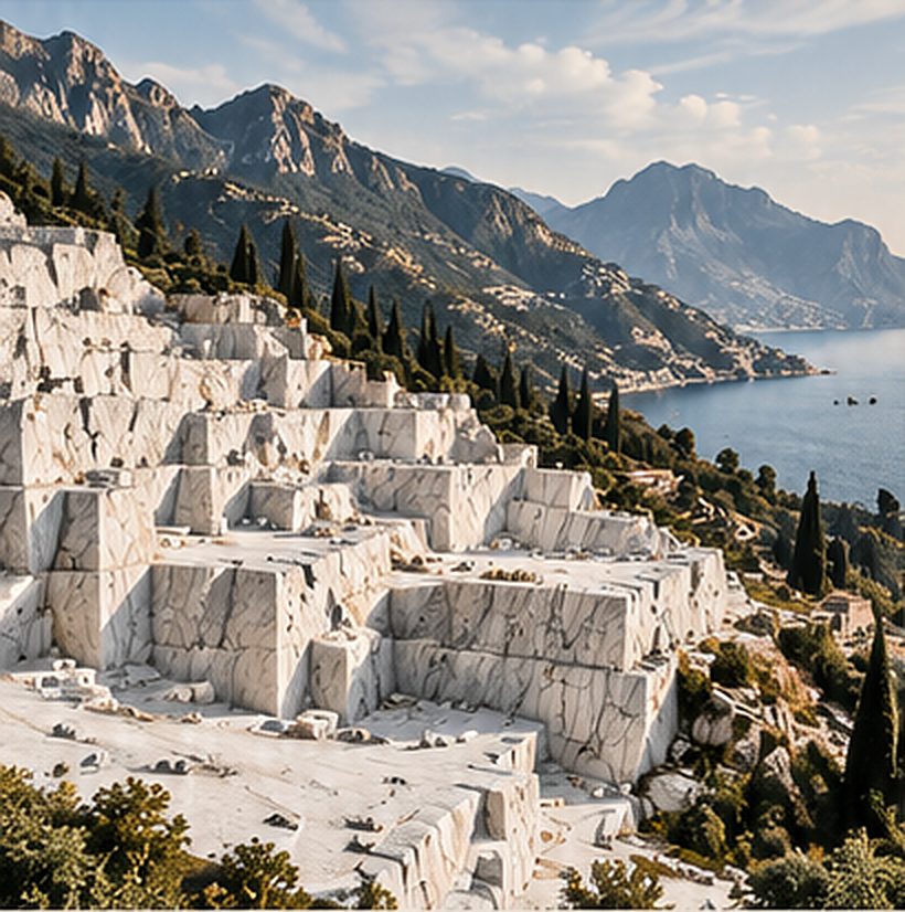 Terraced white marble quarry above the sea in Tuscany, Italy