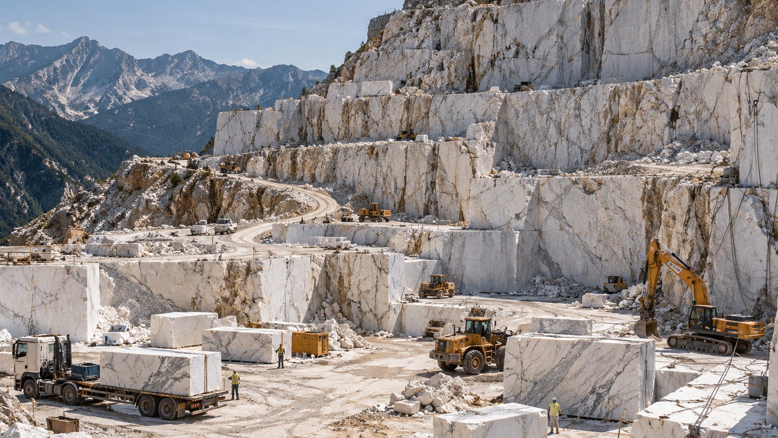 Marble quarry with terraced white rock faces, an excavator and large marble blocks being loaded onto a truck