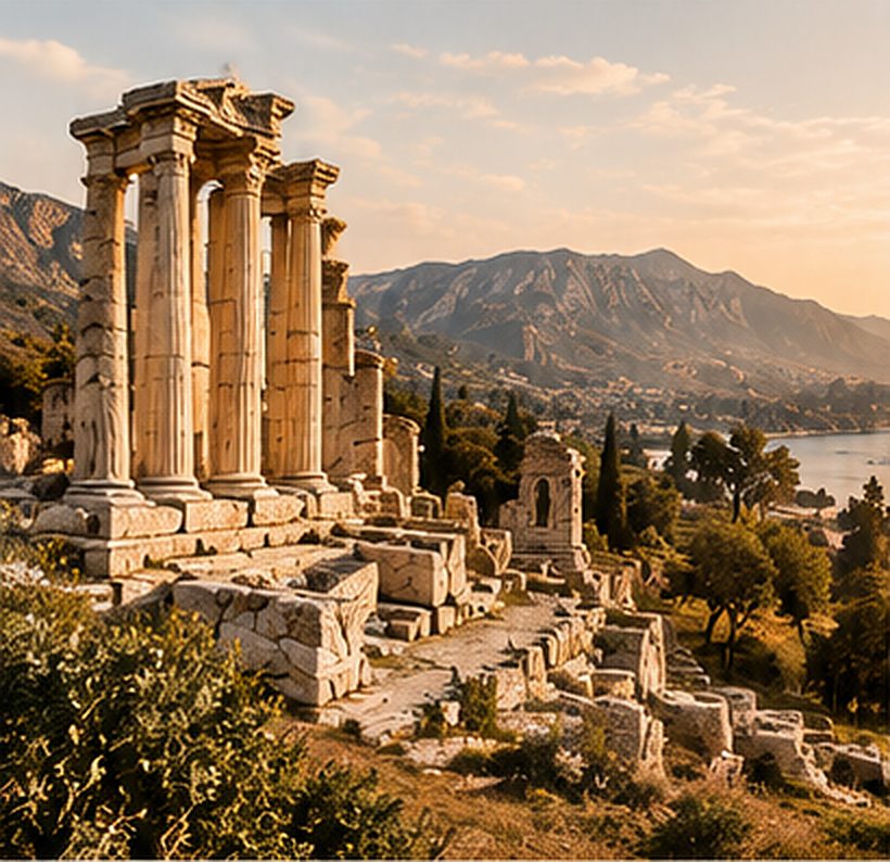 Ancient stone columns and ruins in warm evening light above a coastline